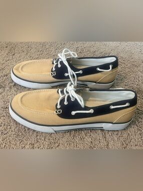 Polo by Ralph Lauren Franz  Men’s Two-Tone Canvas Boat Shoes in Tan & Navy